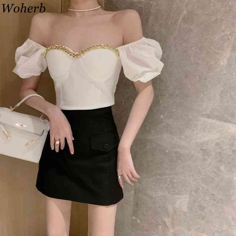 Fashion Chain Patch Square Collar Blouse Women Summer Vintage Puff Sleeve Crop Tops Korean Slim Waist Elegant Blusas 210519
