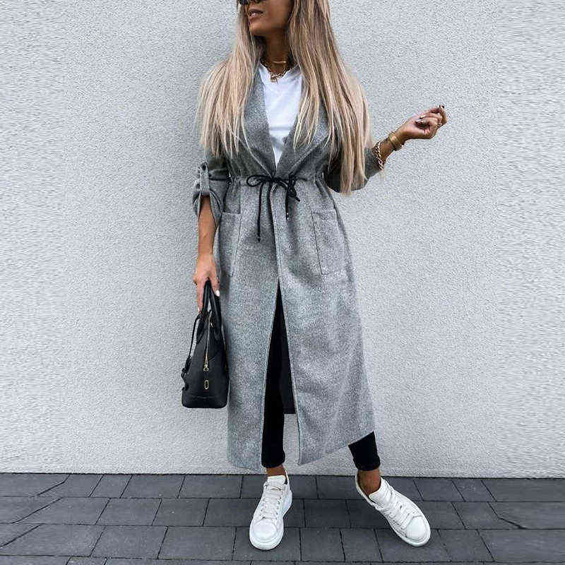 Fashion Drawstring Lace-Up Office Lady Coats Elegant Turn-down Collar Pocket Long Jacket Women Casual Loose Outwear Windbreaker 211130