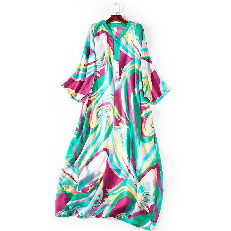 VKBN Spring and Summer Dresses Woman Party Night Seaside Resort Beach Print Flare Sleeve V-Neck Fashion Elegant Dress 4233 210507