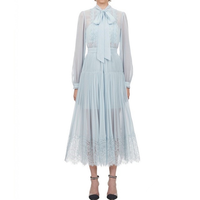 Arrival Autumn Vintage Elegant Chiffon Lace Long Dress Women Sleeve Bowknot Collar Pleated Dresses Vestidos 210520