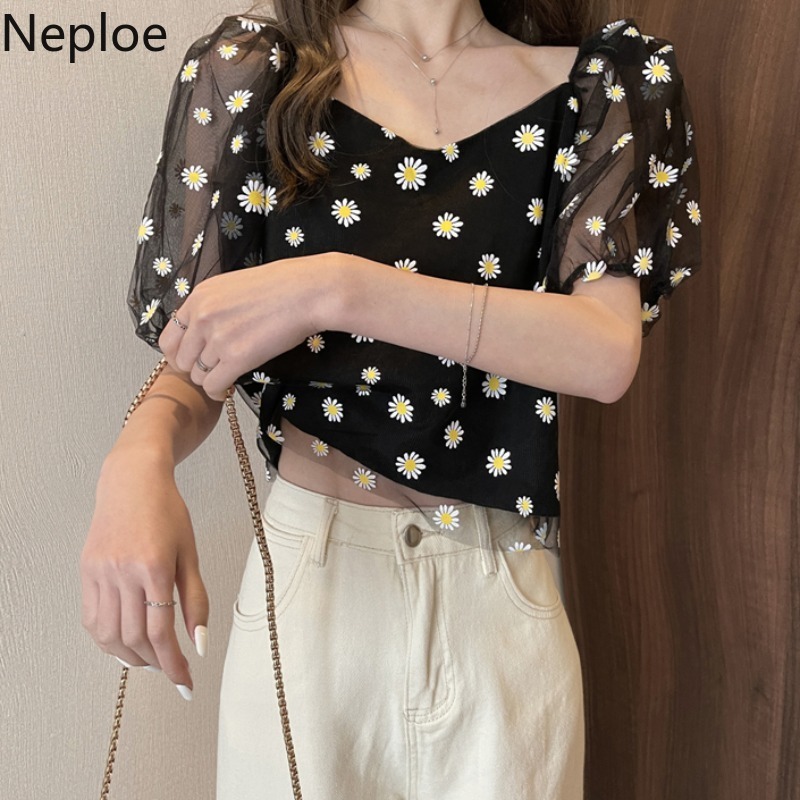 Neploe Korean Fashion Shirt Sweet Chic Gauze Patchwork Knit Short Sleeve T Shirts Women Summer Loose Square Collar Pullover Tops 210422
