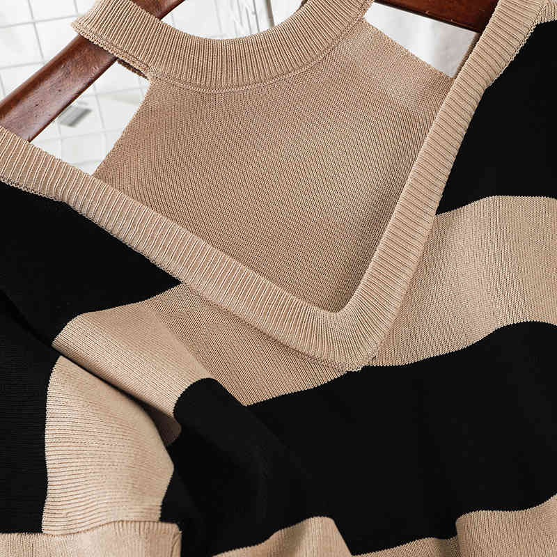 2PCS Set Women Knitted Pullovers Sweater Halter Stripe Knit Jumper Tops + Wide Leg Long Pants Suits Tracksuits 1G693 210430