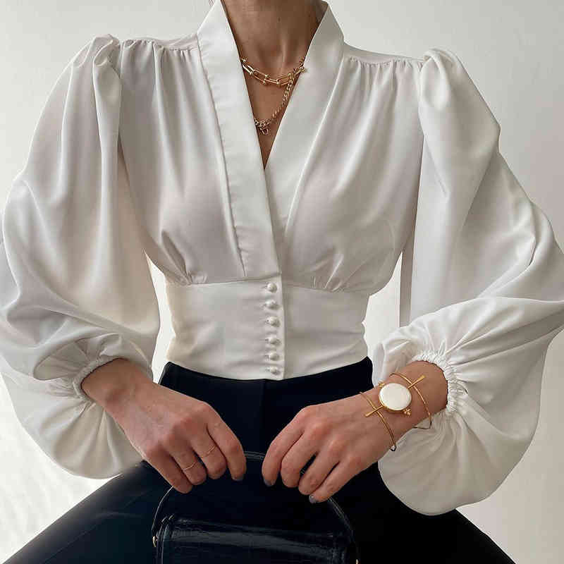 Vintage Women Oversize Satin Shirts Summer Fashion Ladies V Neck Chic Tops Loose Female Stylish Shirt Girls Casual 210430