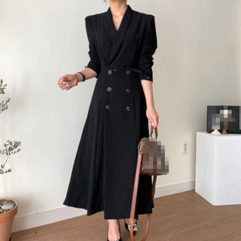Spring Elegant Windbreaker Women's White Maxi Dress Korean Clothing Femme Robe Slim Suit Collar Double-Breasted Coat With Belt 210915