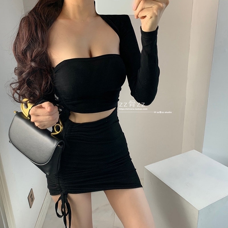 WOMENGAGA sexy low chest Strapless drawstring lace show thin cardigan full sleeve tops + hgih waist sexy mini dress set CA5V 210708