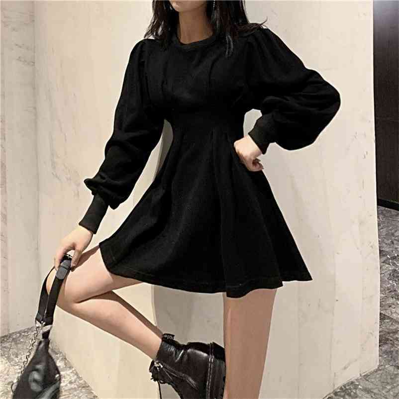QWEEK Black Mini Dress Spring Fashion Korean Style Gothic Goth Wrap Long Sleeve Pleated Dress Casual Wrap Streetwear Women 210409