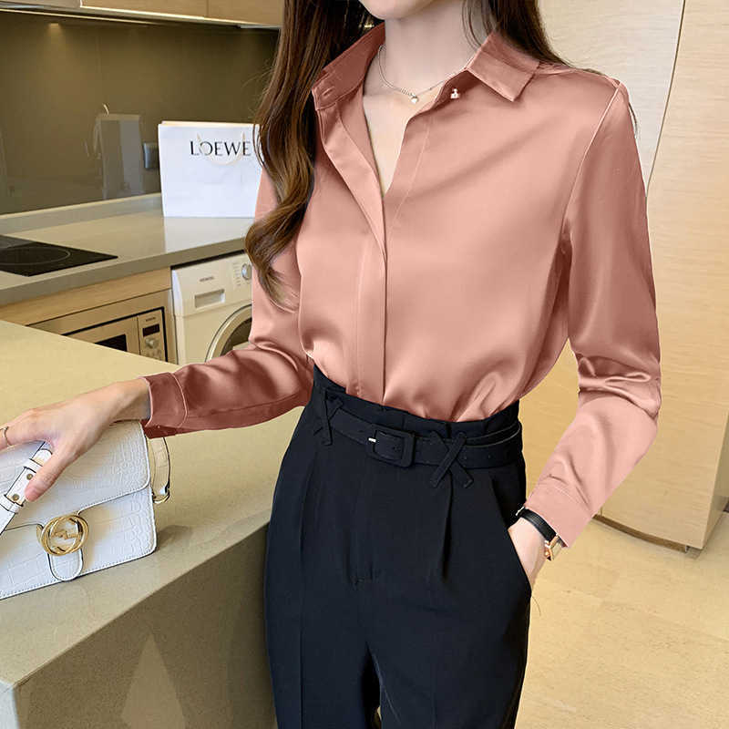 Women's White Silk Blouse Long Sleeve Stand Collar Office Lady Top Satin Basic Shirt Plus Size