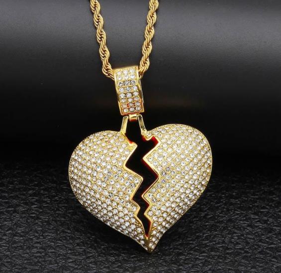 Broken Heart Iced out Pendant Necklace Men's Bling Crystal rhinestone Love charm Gold Silver Twisted chain For women Hip hop Jewelry