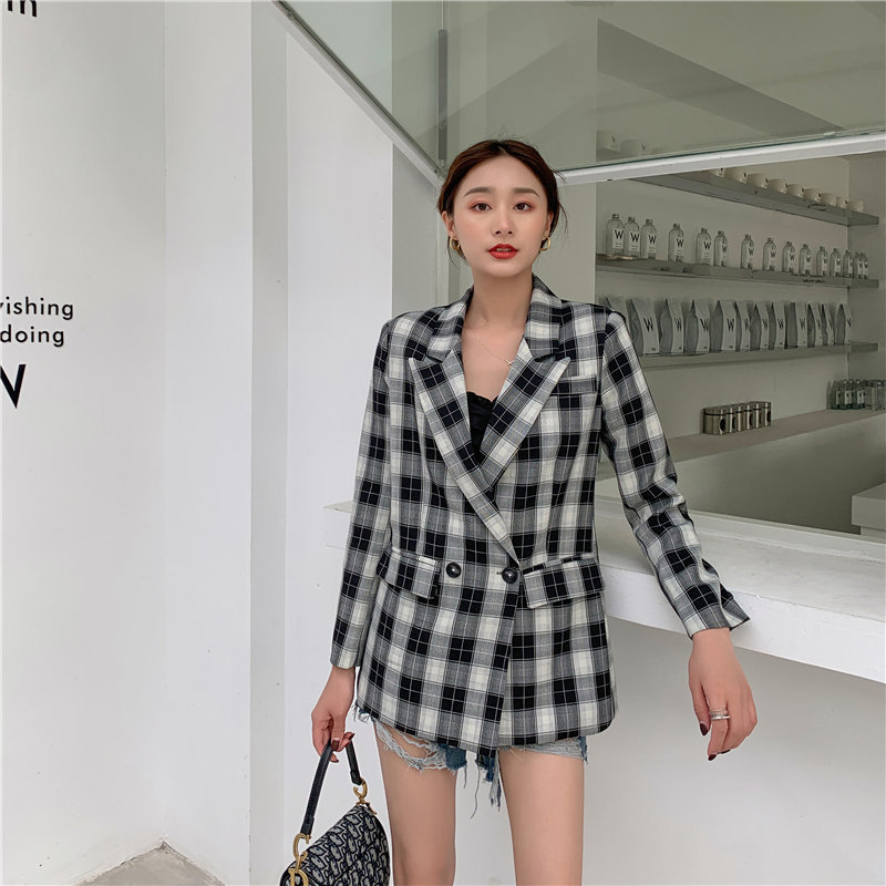 High Street Loose Geometric Elegance Korea OL Plus Plaid Women Gentle Chic Slender Lady Feminine All Match Blazers 210421