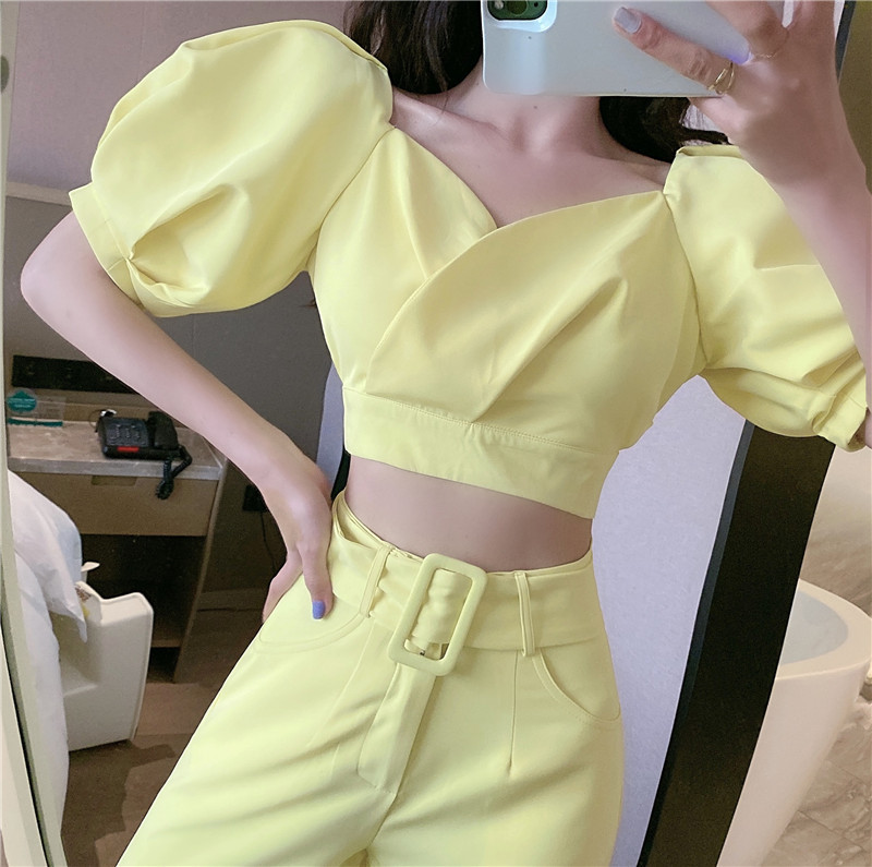 Sexy Women Outfit Solid Color Two Pieces Set V-Neck Puff Sleeve Short Crop Tops+Split Wide Leg Pant Korean Fashion Suit 210519