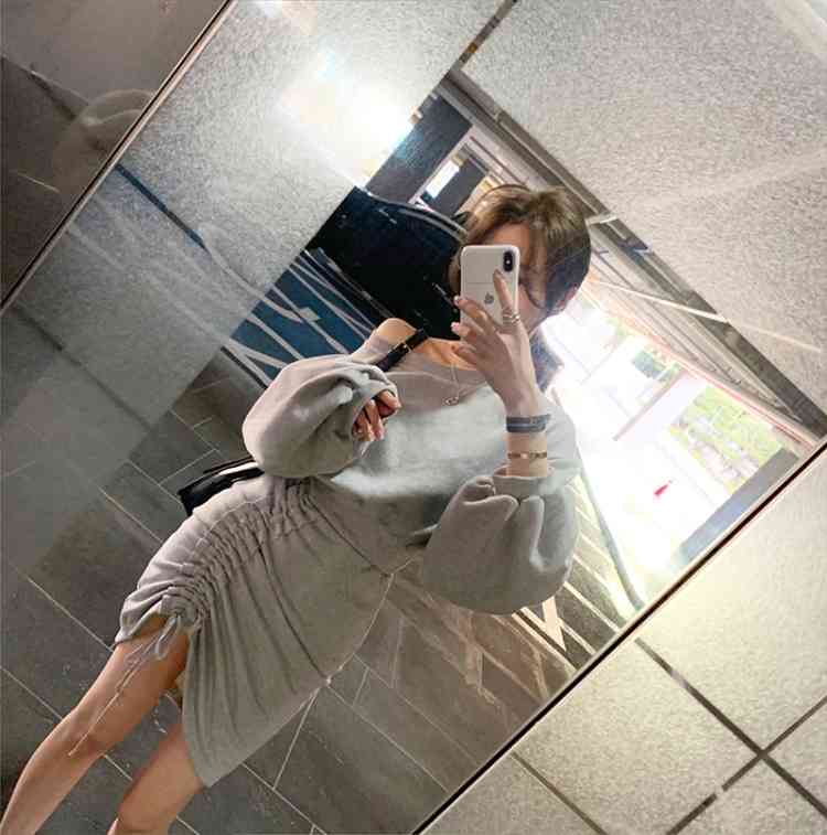 Fashion Women Vintage Gray Drawstring Dress Bodycon Mini Female Lantern Sleeve O Neck Casual Sexy Spring Summer 210519