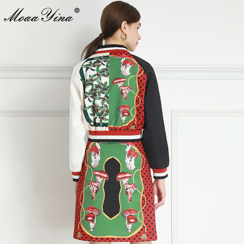 Fashion Set Spring Women's Long sleeve jacket Tops+Mushroom Chestnut Squirrel Print Skirt Two-piece set 210524