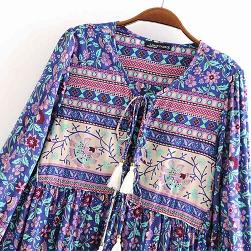 beauty Fashion Boho Floral Print Maxi Summer Dress Women Holiday Chic Tassel Tie Loose Dresses Female Beachwear 210514