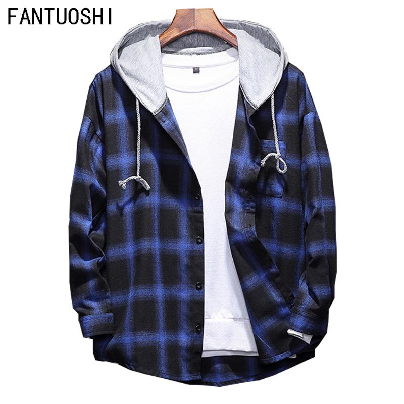 Men Shirt Cotton 2021 Autumn High Quality Long Sleeve Casual Hooded Fashion Loose Male Plaid Large Size 5XL Men's Shirts