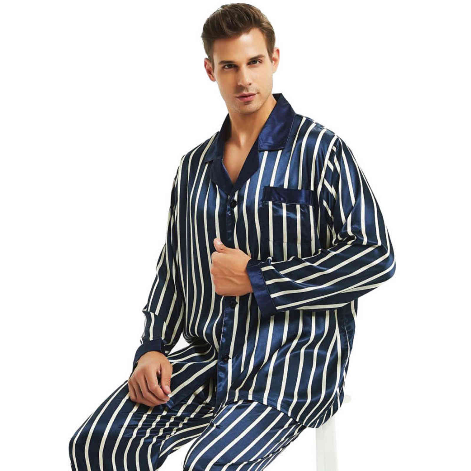 Mens Silk Satin Pajamas Set Pyjamas Set PJS Sleepwear Loungewear S ~ 4XL Striped 211111