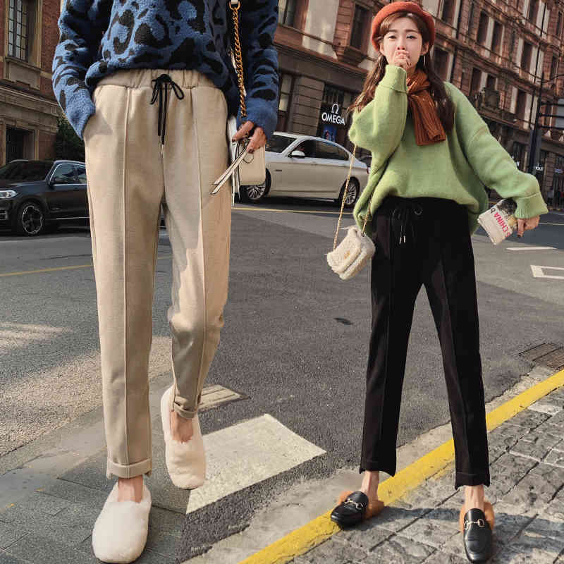 Thick Warm Casual Woolen Elastic Waist Women Pants Autumn and Winter Loose Korean Female Long Trousers 7281 50 210417