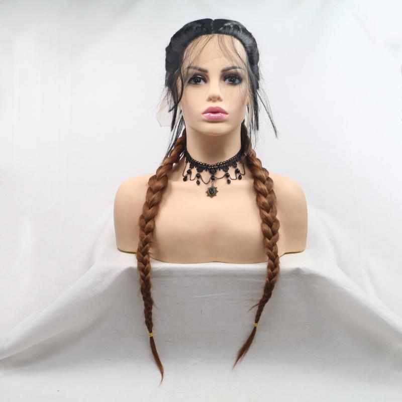 Synthetic Wigs Ombre Braid Black Braided Lace Front Wig Blonde 2 Braids Highlight Big Braiding Ponytail Baby Hair For Women