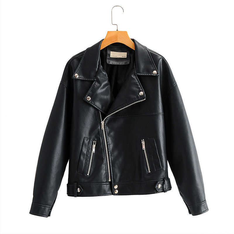 FTLZZ Autumn Women Faux Leather Jacket Casual BF Loose Soft Pu Motorcycle Punk Leather Coat Female Zipper Rivet Outerwear 210908