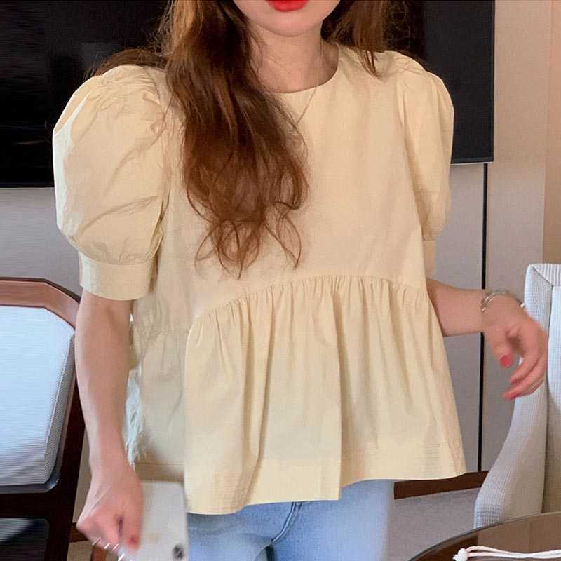 Korejpaa Women Shirt Summer Korean Fashion Chic Sweet Round Neck Lemon Yellow Loose Casual Joker Bubble Sleeve Blouse Female 210526