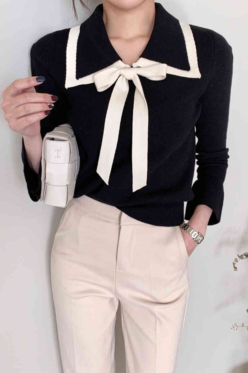 Casual Bow Bandage Women Sweater Korean Chic Contrast Color Female Knitted Sweaters Office Lady Slim Pullover Jumper 210519