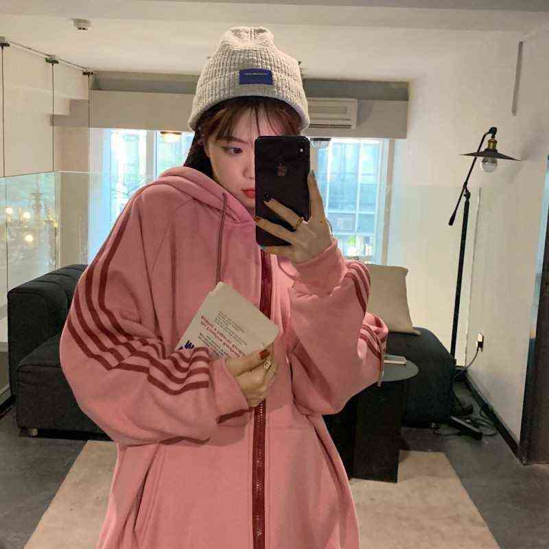 Oversized Zip Hooded Sweatshirt Autumn Jacket Women Korean Fashion Spring Clothes Harajuku Print Long Sleeve Chic Zip-Up Hoodies 211109
