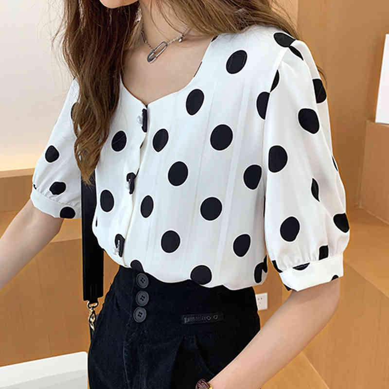 QOERLIN M4XL Summer Style Retro Polka Dot Chiffon Shirt Women Short Sleeve Single Breasted White Black Shirt Femme Big Size 210412