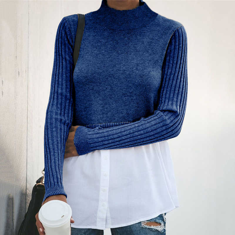 GAOKE Autumn Winter Black Knit Sweater Women Patchwork Long Sleeve Button Pullover Jumper 210914