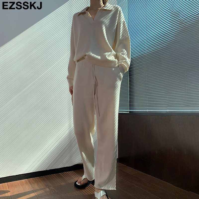 2 Pieces Set Women oversize Tracksuit polo collar Sweater Pullover straight pants CHIC Knitted Outwear sweater suit 220315