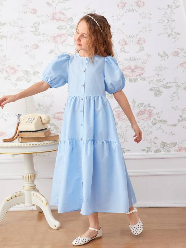 Girls Button Front Ruffle Hem Dress SHE