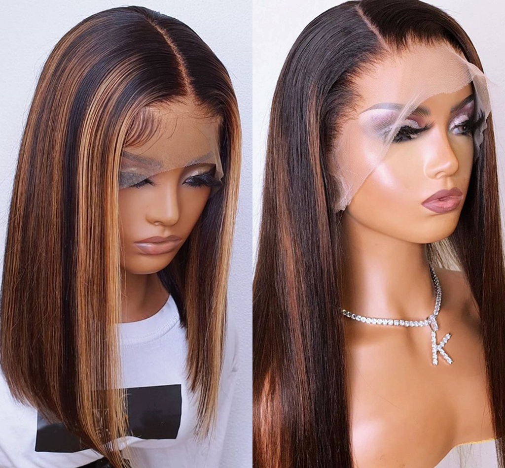 Free shipping Highlight Lace Front Wig Ombre Brown Colored Brazilian Short Bob Human Hair for Women Pre plucked Synthetic Wigs