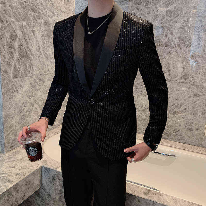 Blazer Men Sequins Male Striped Suit Jacket Korean Style Slim Fit Casual Men Fashion Black Stage Club Party Blazers 211120