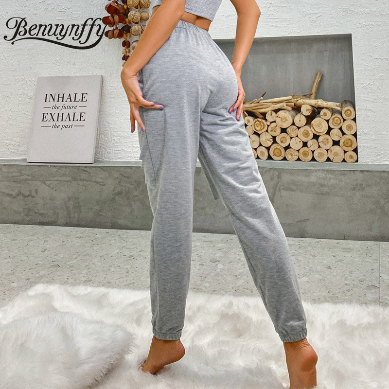 Solid Elastic Waist Sweatpants Women Spring Summer Knit Casual Hole Pants Female High Straight 210510