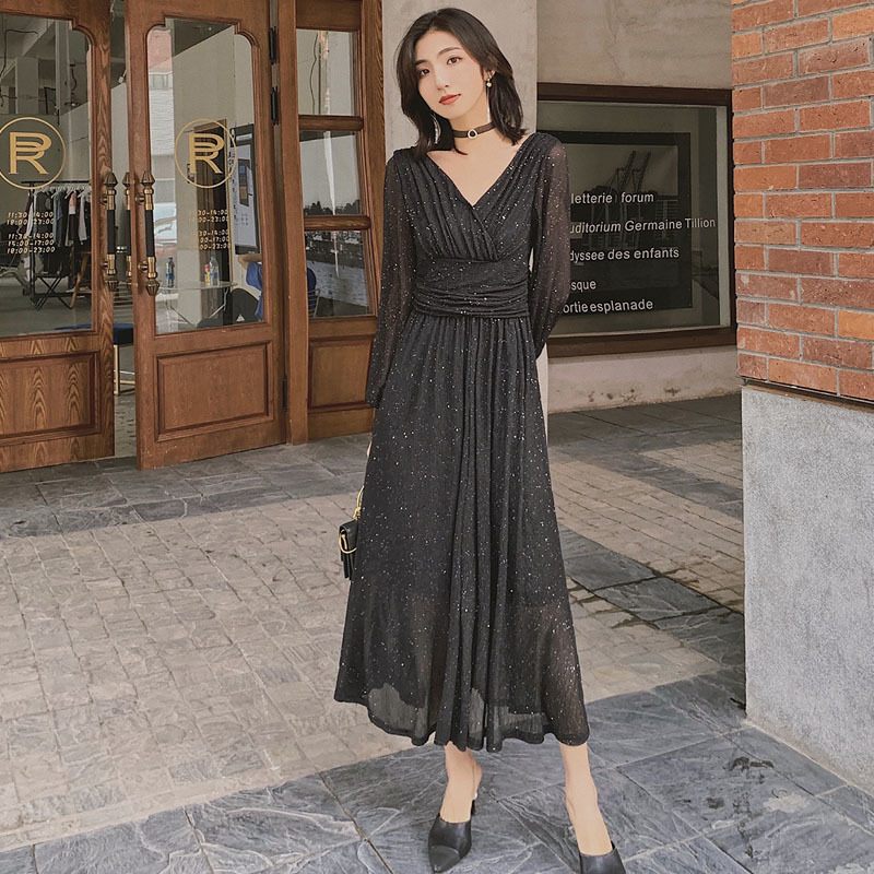 Solid High Waist Puff Sleeve Elegant Dress Vintage V Neck Long Maxi Women Sequin Party Sexy Robe Femme 13019 210427