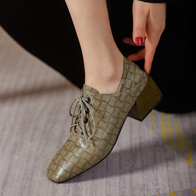 Dress Shoes QZYERAI Woman Heels Oxford Genuine Leather Spring Lace-up Ladies Pumps High Loafers Womens Casual