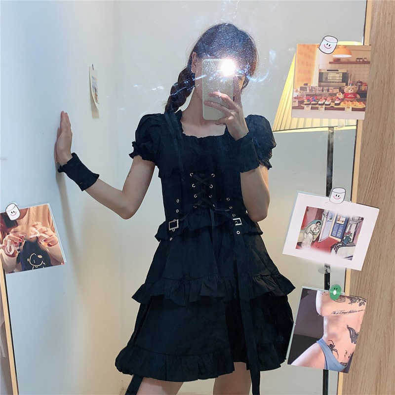 Women's Gothic Lolita Dress Punk Harajuku Mall Style Bandage Black Emo Clothes Spring 210623