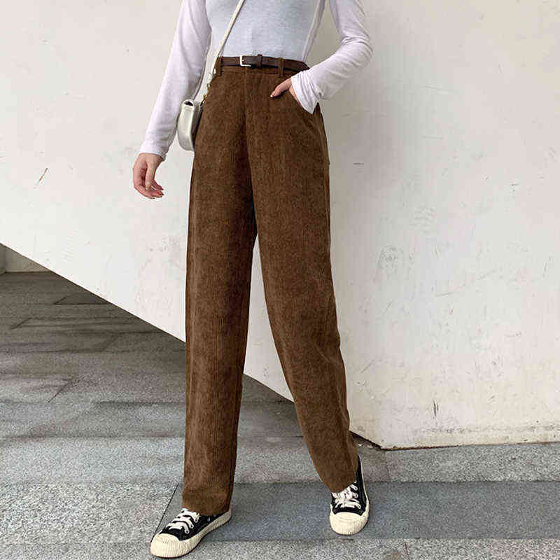 Zoki High Waist Corduroy Pants Fashion Belt Autumn Wide Leg Full Spring Korean Pure Cotton Black Streetwear Ladies Trouser 211115