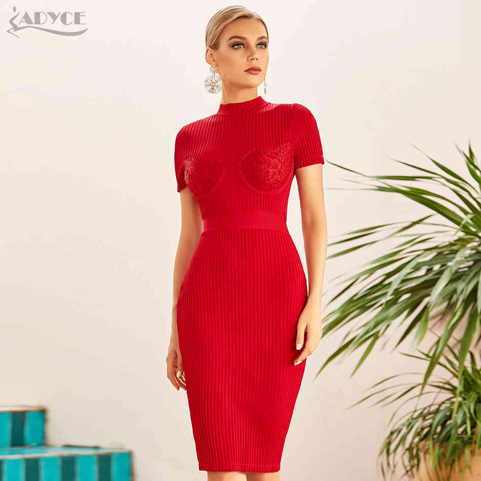 Summer Women Short Sleeve Bodycon Bandage Dress Sexy Red Lace Knee Length Club Celebrity Evening Runway Party Dresses 210423