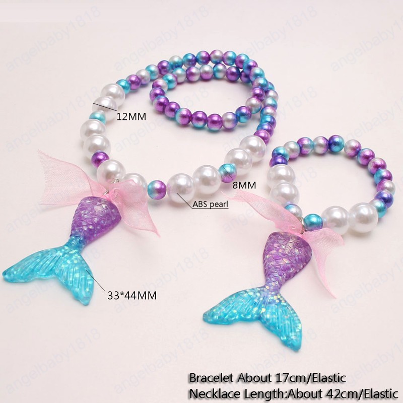 Charming Baby Girls Purple Mermaid Tail Pendant Necklace Bracelets Fashion Pearls Beaded Bangles For Kids Party Gift
