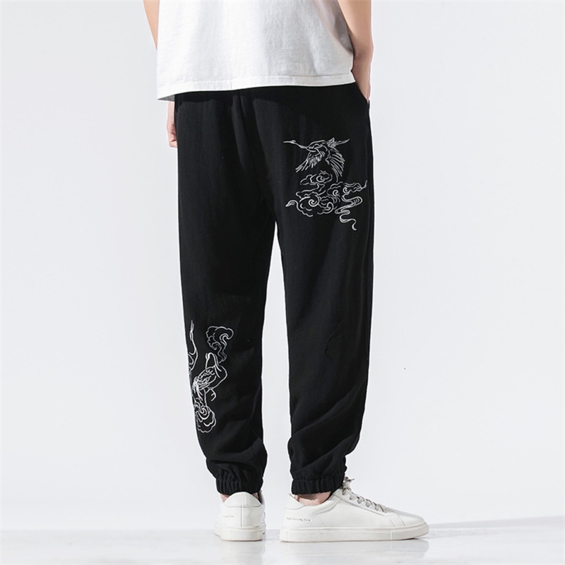 Men's Pants Summer cotton hemp large Chinese style crane embroidery casual breathable Leggings loose trousers LGMJ