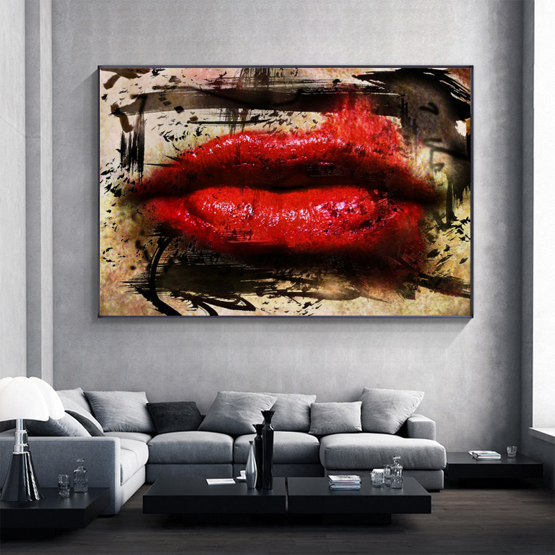 Modern Posters and Prints Canvas Painting Abstract Graffiti Sexy Women Red Lip Wall Pictures for Living Room Cuadros Home Decor