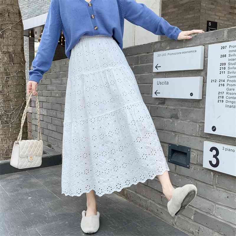 Woman High Waist Fashion Mid-Length Elegant Flower Embroidery Hollow Out Lace Skirts Summer Faldas 210520