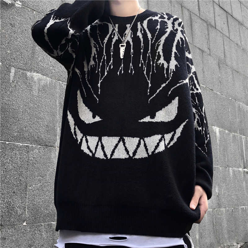Woherb Harajuku Black Sweater Women Men Lightning Devil Knitted Jumper Oversize Pullover Hip Hop Streetwear Autumn Sweaters 211018