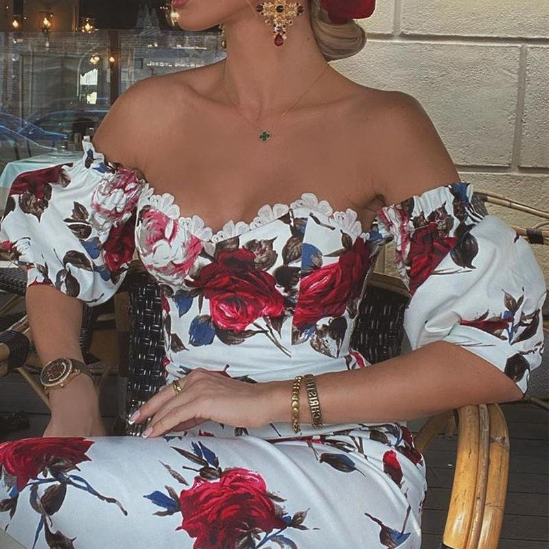 Solid Flower Print Off Shoulder Ruched Bodycon Women's Midi Dress Sexy Slim Long Puff Sleeve Elegant Dresses For New Year 210329