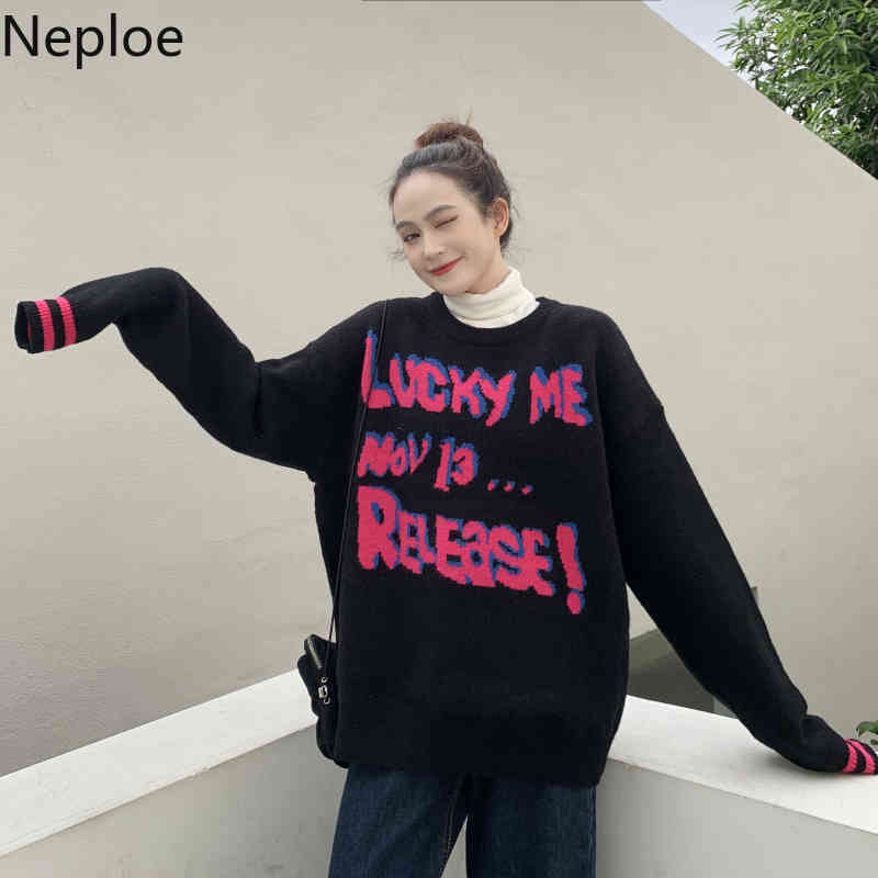 Neploe Letter Crochet Floral Knitwear Pullovers Oversized Outwear Knit Sweaters Women Fall Women BF Streetwear Jumper Coat 210422