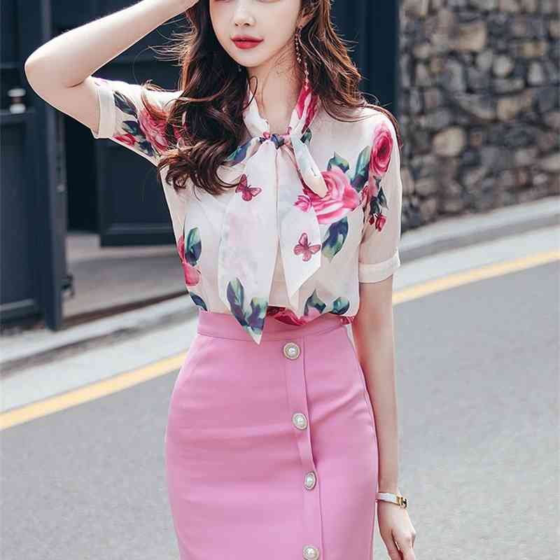 Korea Two Piece Set Women Elegant Fashion Short Sleeve Sweet Bowtie Flowers Chiffon Shirt Top + Pink Mini Skirt Suit 210519
