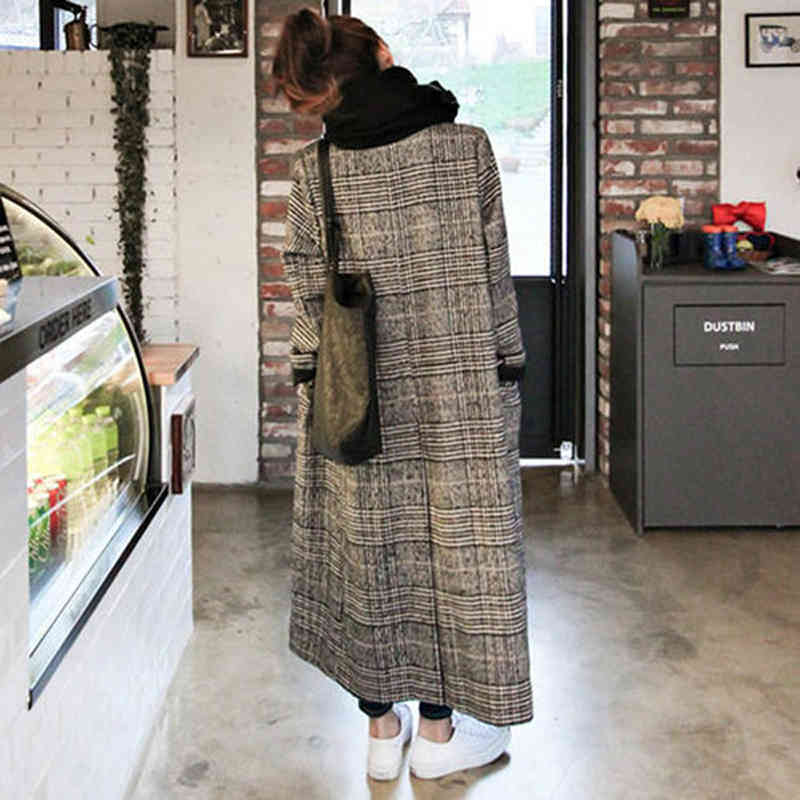 Long Wool Coat Women Casual Fashion Loose Winter Warm Plaid Coat Vintage Elegant Pocket Blend Trench Ladies Outwear Jacket 210414