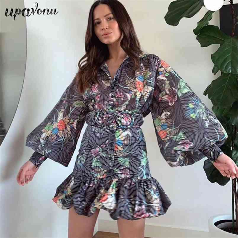 Free Women Ruffle Printed Mini Dress Stand Collar Lantern Sleeve Single Breasted High Waist Belt Bodycon 210524