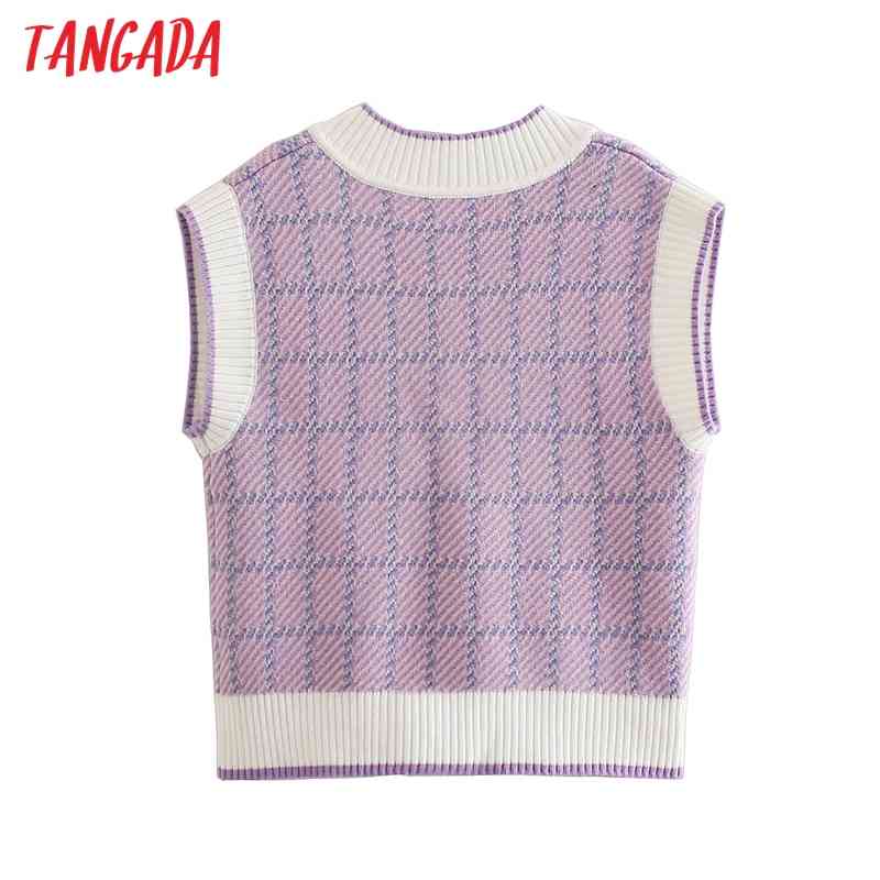 Women Vintage Plaid Oversized Knitted Vest V Neck Sweater Sleeveless Female Waistcoat Tops BE404 210416