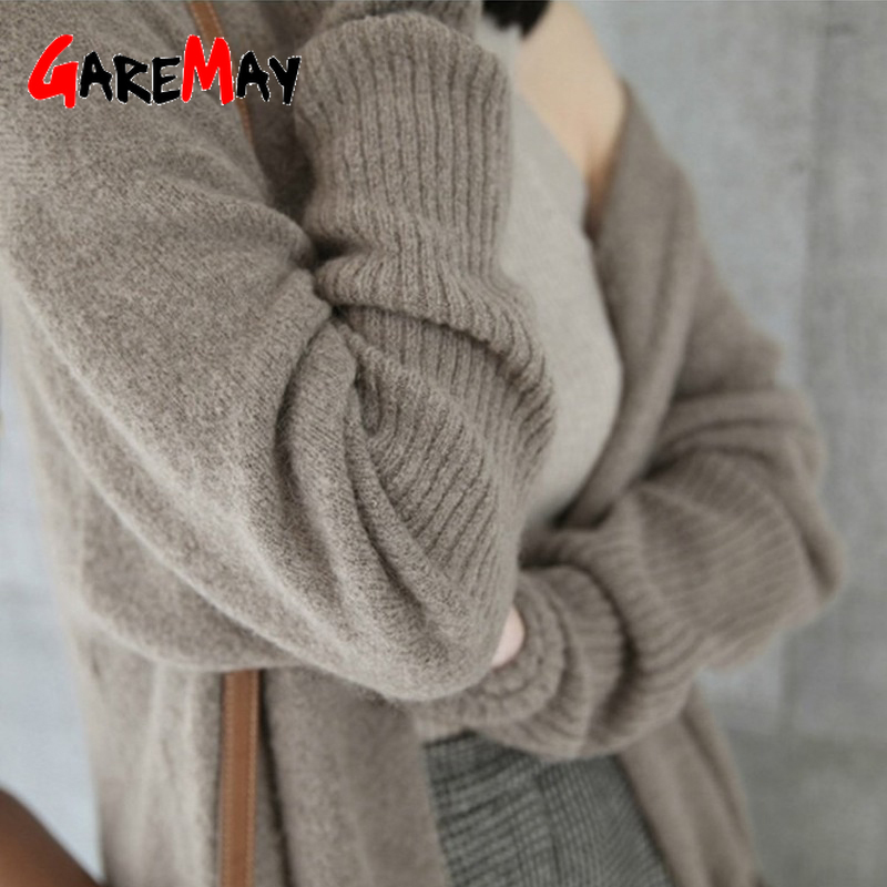 Korean Warm Knitted Cardigan Women Long Sleeve Knitwear Autumn Winter Solid Loose Female Elegant Pocket Knit Outerwear Coat 210428