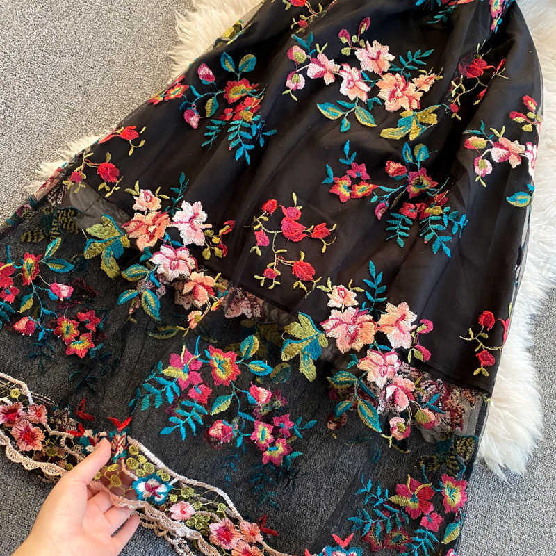 Women Fashion Contrast Bow Round Neck Short Sleeve Slim Embroidery Flower A-line Dress Elegant Vestidos De Mujer R322 210630